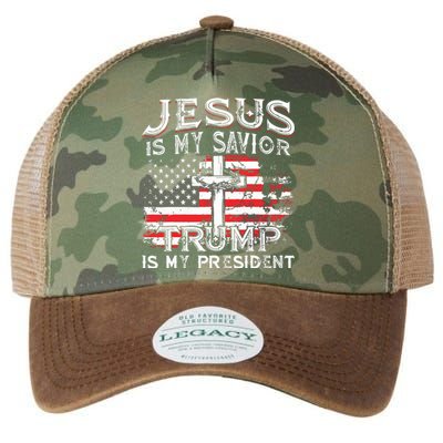 Jesus Is My Savior Trump Is My President American Flag Legacy Tie Dye Trucker Hat