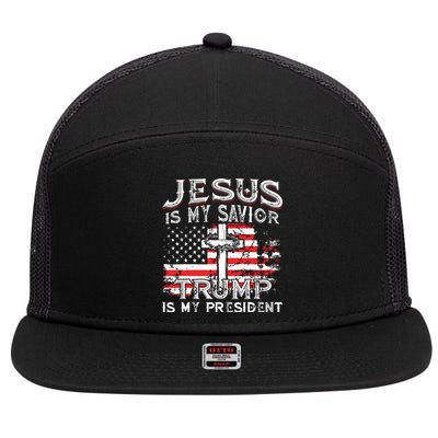 Jesus Is My Savior Trump Is My President American Flag 7 Panel Mesh Trucker Snapback Hat