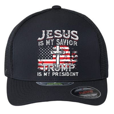 Jesus Is My Savior Trump Is My President American Flag Flexfit Unipanel Trucker Cap