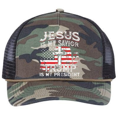 Jesus Is My Savior Trump Is My President American Flag Retro Rope Trucker Hat Cap