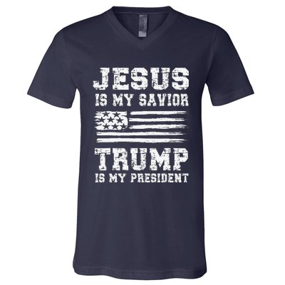 Jesus Is My Savior Trump Is My President Usa Flag Design V-Neck T-Shirt