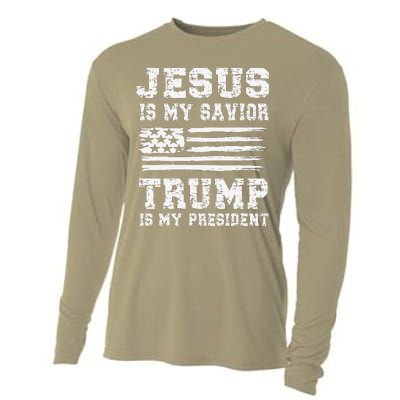 Jesus Is My Savior Trump Is My President Usa Flag Design Cooling Performance Long Sleeve Crew