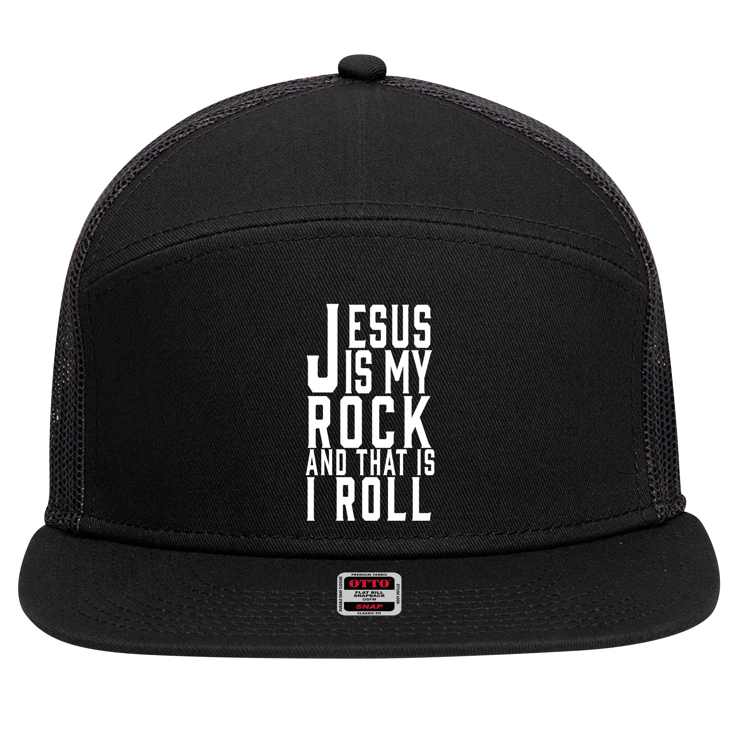 Jesus Is My Rock And Thats How I Roll 7 Panel Mesh Trucker Snapback Hat