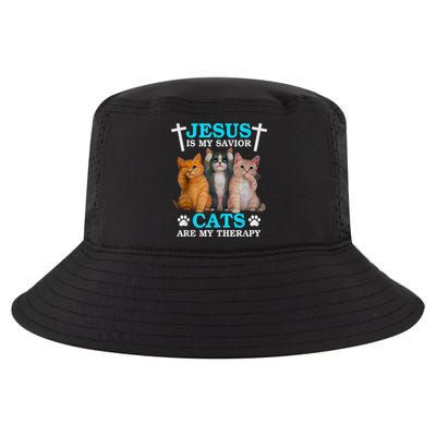 Jesus Is My Savior Cats Are My Therapy Christian Funny Cat Cool Comfort Performance Bucket Hat
