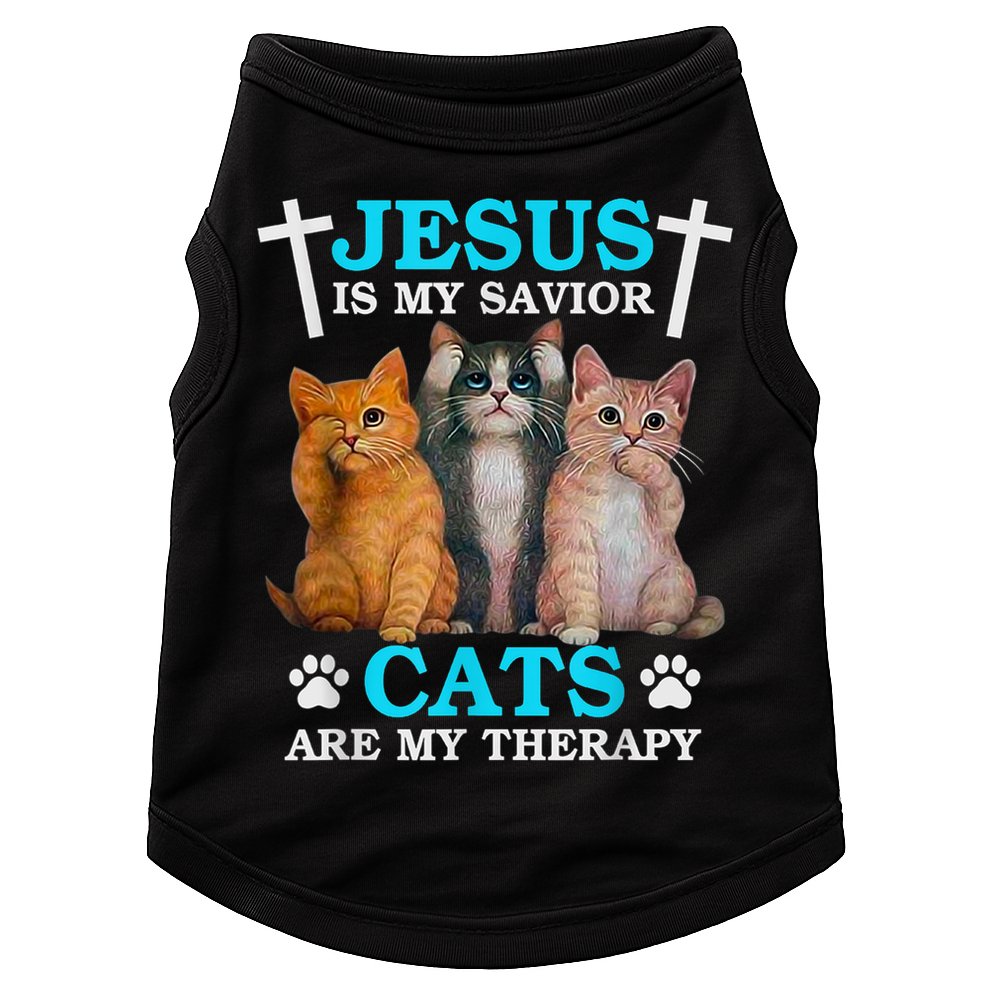 Jesus Is My Savior Cats Are My Therapy Christian Funny Cat Doggie Tank