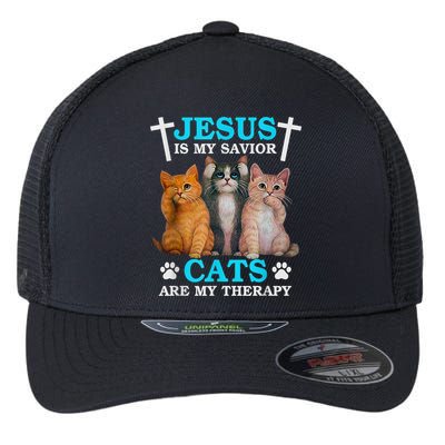 Jesus Is My Savior Cats Are My Therapy Christian Funny Cat Flexfit Unipanel Trucker Cap