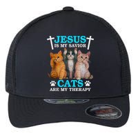 Jesus Is My Savior Cats Are My Therapy Christian Funny Cat Flexfit Unipanel Trucker Cap