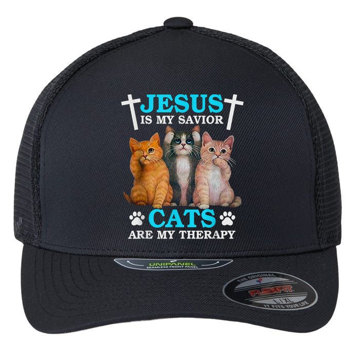 Jesus Is My Savior Cats Are My Therapy Christian Funny Cat Flexfit Unipanel Trucker Cap
