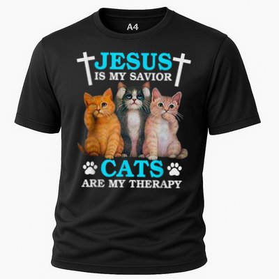 Jesus Is My Savior Cats Are My Therapy Christian Funny Cat Performance Shirt