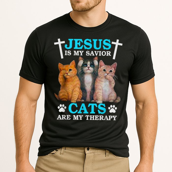 Jesus Is My Savior Cats Are My Therapy Christian Funny Cat Cooling Performance Crew T-Shirt