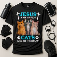 Jesus Is My Savior Cats Are My Therapy Christian Funny Cat Cooling Performance Crew T-Shirt