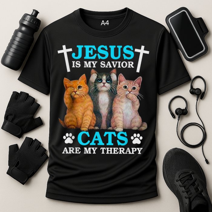 Jesus Is My Savior Cats Are My Therapy Christian Funny Cat Cooling Performance Crew T-Shirt