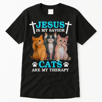 Jesus Is My Savior Cats Are My Therapy Christian Funny Cat Tall T-Shirt