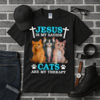Jesus Is My Savior Cats Are My Therapy Christian Funny Cat Tall T-Shirt
