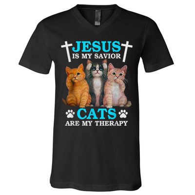 Jesus Is My Savior Cats Are My Therapy Christian Funny Cat V-Neck T-Shirt