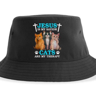 Jesus Is My Savior Cats Are My Therapy Christian Funny Cat Sustainable Bucket Hat