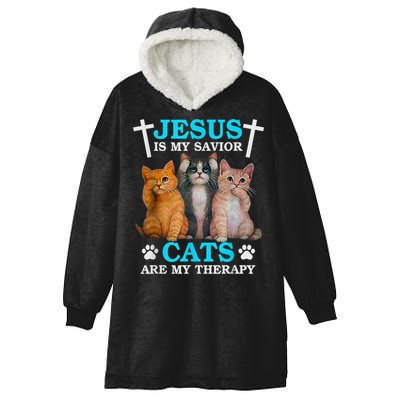 Jesus Is My Savior Cats Are My Therapy Christian Funny Cat Hooded Wearable Blanket