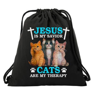 Jesus Is My Savior Cats Are My Therapy Christian Funny Cat Drawstring Bag