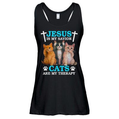 Jesus Is My Savior Cats Are My Therapy Christian Funny Cat Ladies Essential Flowy Tank