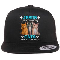 Jesus Is My Savior Cats Are My Therapy Christian Funny Cat Flat Bill Trucker Hat