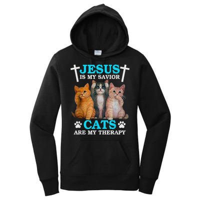 Jesus Is My Savior Cats Are My Therapy Christian Funny Cat Women's Pullover Hoodie