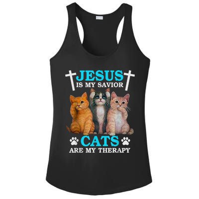 Jesus Is My Savior Cats Are My Therapy Christian Funny Cat Ladies PosiCharge Competitor Racerback Tank