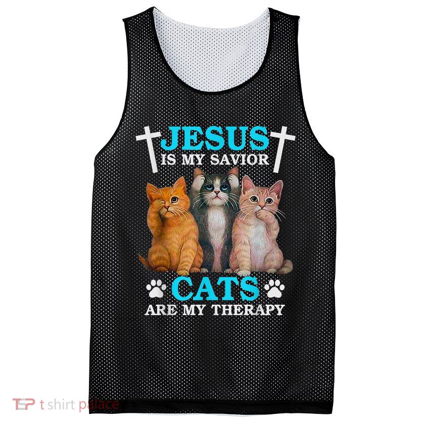 Jesus Is My Savior Cats Are My Therapy Christian Funny Cat Mesh Reversible Basketball Jersey Tank