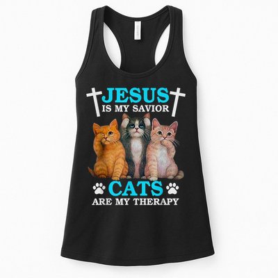 Jesus Is My Savior Cats Are My Therapy Christian Funny Cat Womens Tank Top