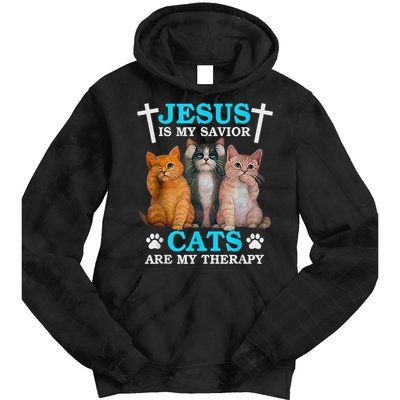 Jesus Is My Savior Cats Are My Therapy Christian Funny Cat Tie Dye Hoodie