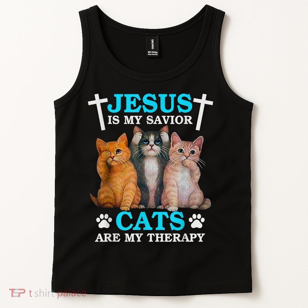 Jesus Is My Savior Cats Are My Therapy Christian Funny Cat Tank Top