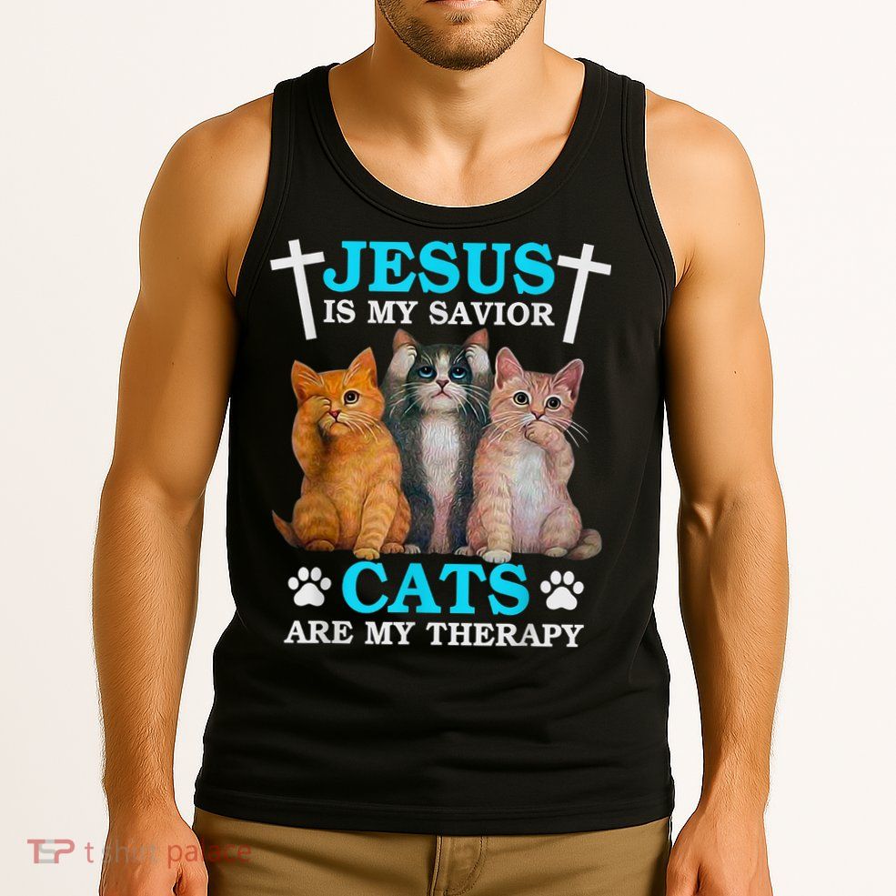 Jesus Is My Savior Cats Are My Therapy Christian Funny Cat Tank Top