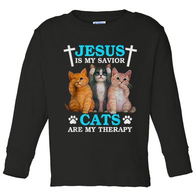 Jesus Is My Savior Cats Are My Therapy Christian Funny Cat Toddler Long Sleeve Shirt