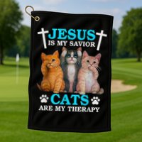 Jesus Is My Savior Cats Are My Therapy Christian Funny Cat Golf Towel