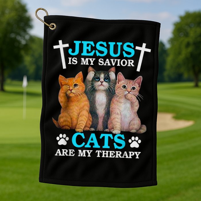 Jesus Is My Savior Cats Are My Therapy Christian Funny Cat Golf Towel