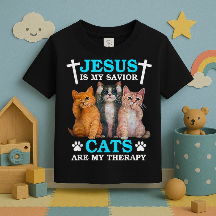 Jesus Is My Savior Cats Are My Therapy Christian Funny Cat Toddler T-Shirt