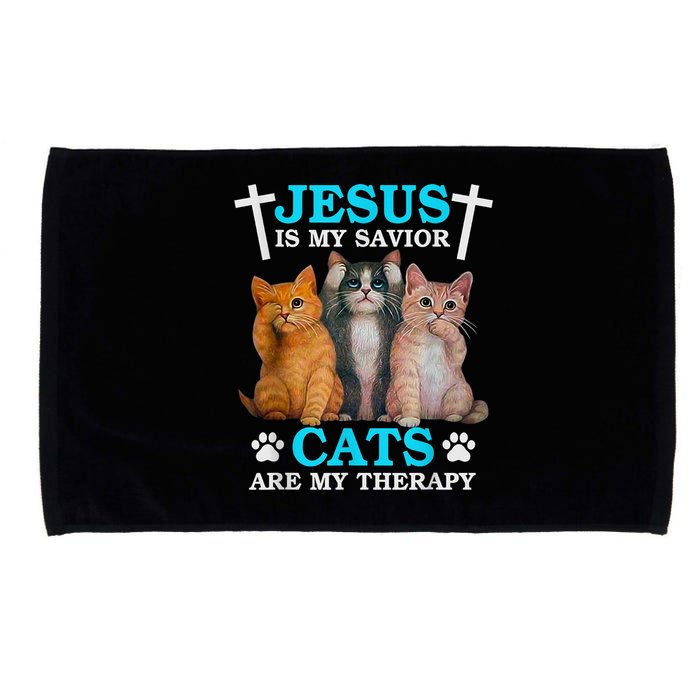 Jesus Is My Savior Cats Are My Therapy Christian Funny Cat Microfiber Hand Towel