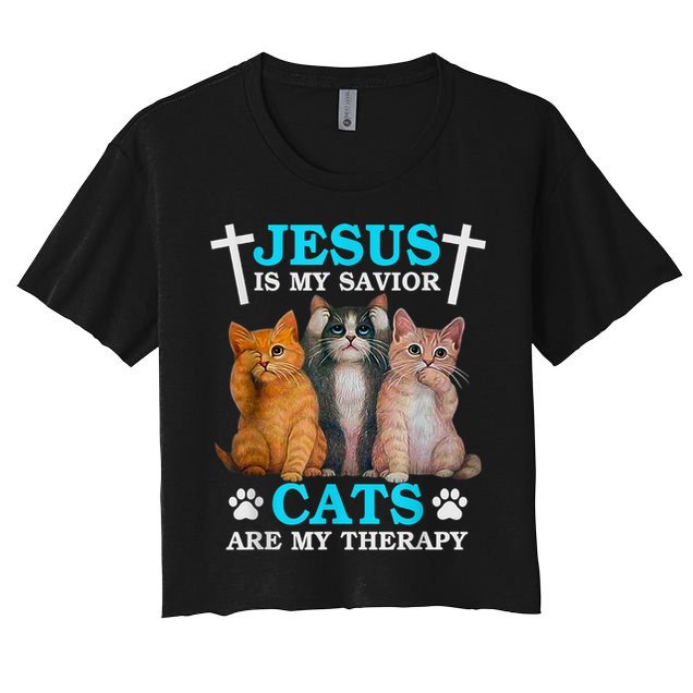 Jesus Is My Savior Cats Are My Therapy Christian Funny Cat Crop Top