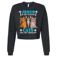 Jesus Is My Savior Cats Are My Therapy Christian Funny Cat Cropped Pullover Crew