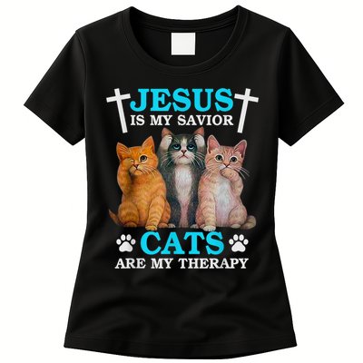 Jesus Is My Savior Cats Are My Therapy Christian Funny Cat Womens T-Shirt