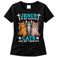 Jesus Is My Savior Cats Are My Therapy Christian Funny Cat Womens T-Shirt