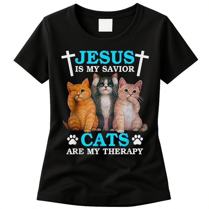 Jesus Is My Savior Cats Are My Therapy Christian Funny Cat Womens T-Shirt