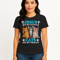 Jesus Is My Savior Cats Are My Therapy Christian Funny Cat Womens T-Shirt