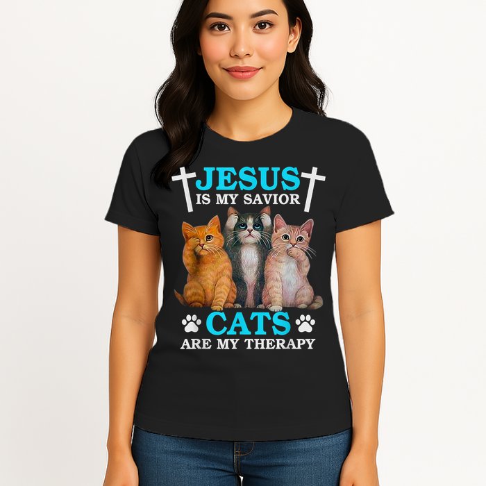 Jesus Is My Savior Cats Are My Therapy Christian Funny Cat Womens T-Shirt