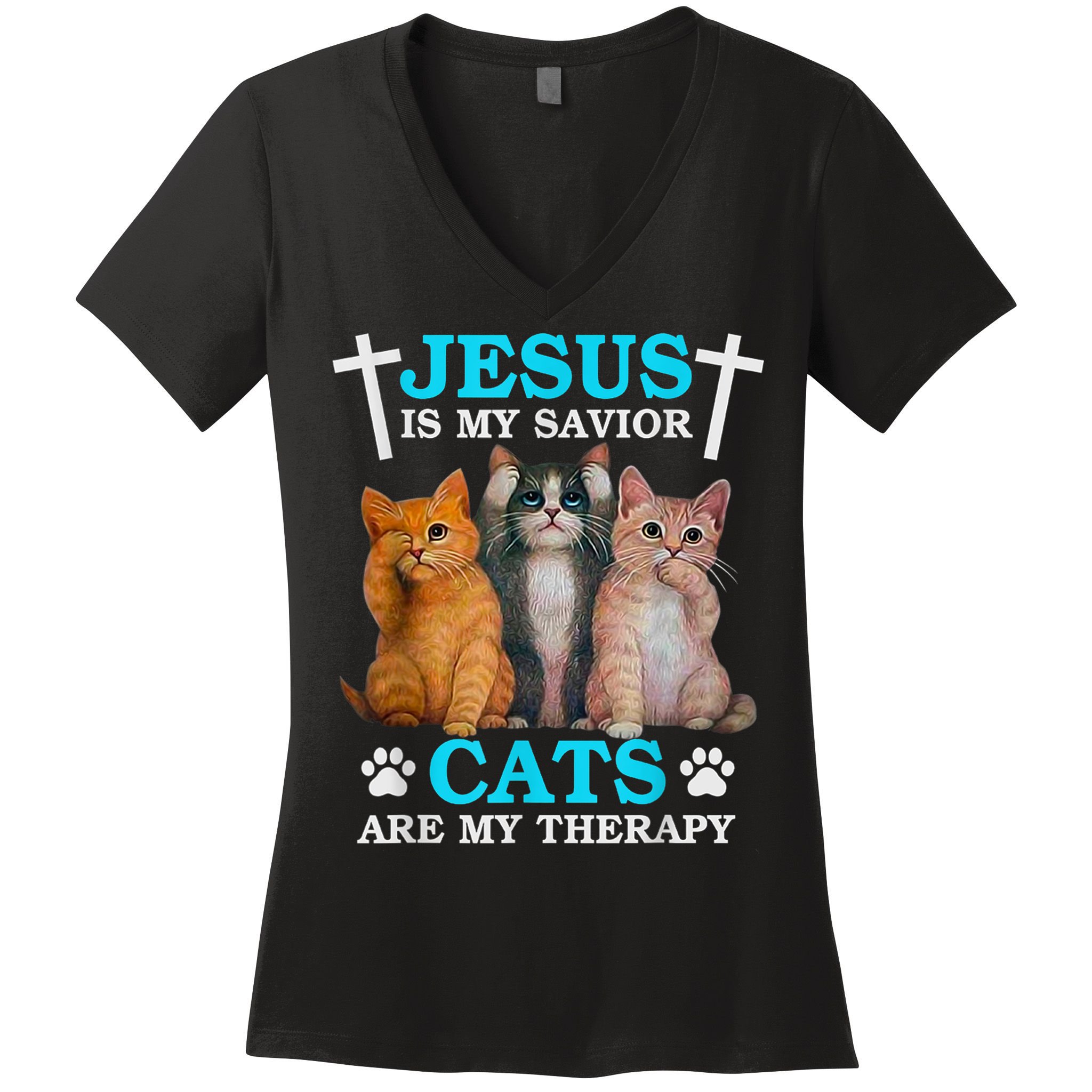 Jesus Is My Savior Cats Are My Therapy Christian Funny Cat Women's V-Neck T-Shirt