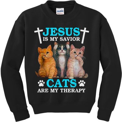 Jesus Is My Savior Cats Are My Therapy Christian Funny Cat Kids Sweatshirt