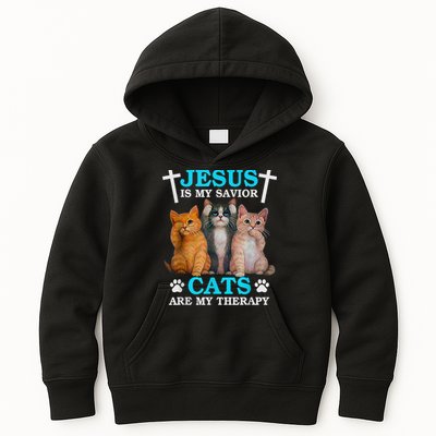 Jesus Is My Savior Cats Are My Therapy Christian Funny Cat Kids Hoodie