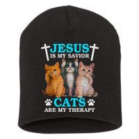 Jesus Is My Savior Cats Are My Therapy Christian Funny Cat Short Acrylic Beanie