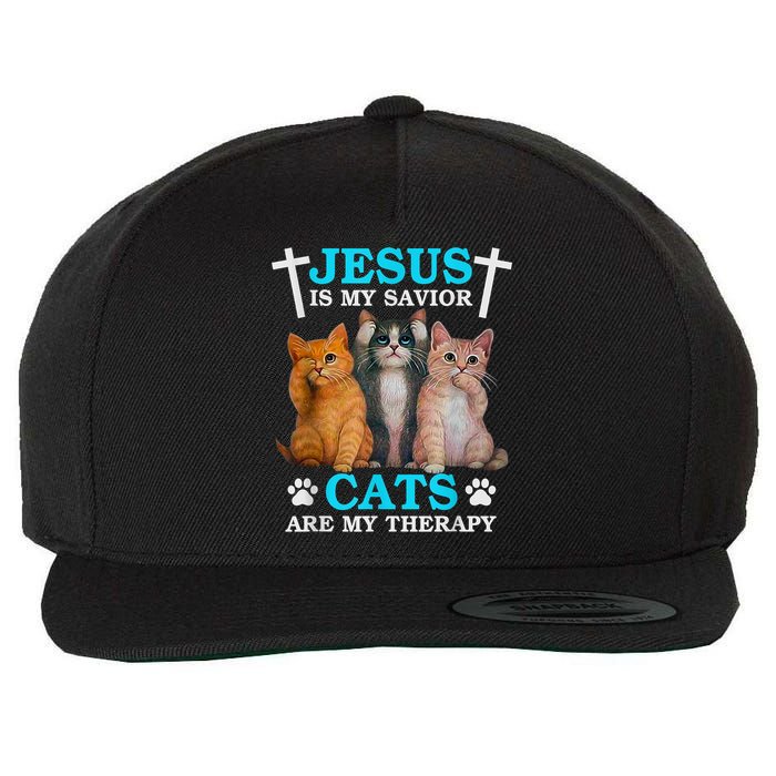 Jesus Is My Savior Cats Are My Therapy Christian Funny Cat Wool Snapback Cap