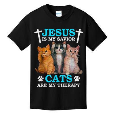 Jesus Is My Savior Cats Are My Therapy Christian Funny Cat Kids T-Shirt