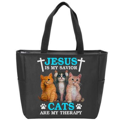 Jesus Is My Savior Cats Are My Therapy Christian Funny Cat Zip Tote Bag